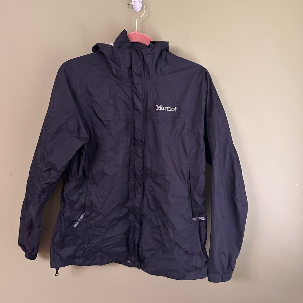 Marmot Women's Black Rain Jacket Sz‎ L Hooded Lightweight Outdoor Hiking Travel
